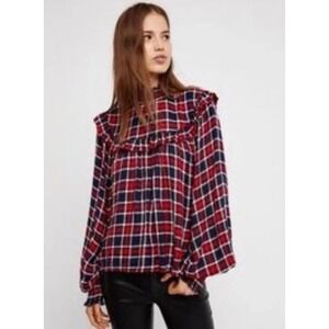 FREE PEOPLE Charlie Plaid Ruffle Mock Neck Long‎ Sleeve Blouse Top XS